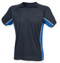 The Finden & Hales LV240 is a black athletic t-shirt featuring blue side panels and white trim on the sleeves.