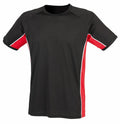 LV242 by Finden & Hales, a black t-shirt with red and white side panels, displayed on a white background.
