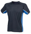 The Finden & Hales LV242 is a black and blue short-sleeve athletic shirt featuring white trim on the sleeves.