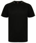 The LV290 by Finden & Hales is a plain black T-shirt featuring dark gray accents on the collar and sleeve edges, displayed against a white background.