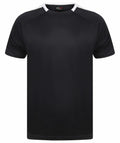 The LV290 by Finden & Hales is a plain black T-shirt featuring short sleeves and a white collar, with a simple, classic design and a round neckline.