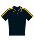 The Polos is a black short-sleeve polo shirt featuring yellow stripes on each shoulder and white trim along the collar and buttons.