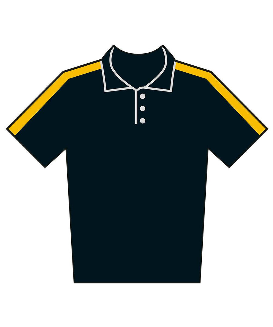 The Polos is a black short-sleeve polo shirt featuring yellow stripes on each shoulder and white trim along the collar and buttons.