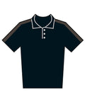 Centred on a white background, the illustration shows a short-sleeved black polo shirt featuring a collar, three white buttons, and grey stripes along the top of each shoulder and sleeve.