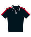 Polos: Short-sleeved dark polo shirt featuring a collar, white buttons, and red stripes across the shoulders and sleeves.