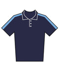 Illustration of a navy blue polo short-sleeve shirt featuring a collar, three white buttons, and light blue stripes along the tops of the shoulders and sleeves.