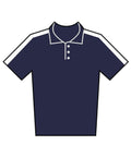 Illustration of a navy blue polo shirt featuring short sleeves, a collar with three buttons, and white stripes along the tops of the shoulders and sleeves.