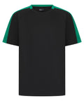 A T-Shirts brand short-sleeved black tee with green panels on the shoulders and upper sleeves, shown against a plain white background.