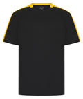 The T-Shirts feature a regular fit, crew neckline, plain black design, and yellow panels along the shoulders and sleeves.