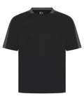 The T-Shirts product is a plain black short-sleeve tee with dark grey trim on the shoulders and sleeves, simple crew neckline, and minimal athletic design, shown on a white background.