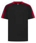 The T-shirts feature a black body with red panels along the shoulders and upper sleeves, offering a simple, athletic short-sleeved design.