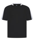 A black T-shirts product featuring short sleeves, a crew neck, and white stripes on the shoulders and sleeves for a simple sporty look.