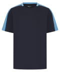 A navy blue short-sleeved T-shirt with light blue panels on the shoulders and sleeve edges, featuring a crew neckline and no visible front graphics or logos.