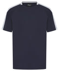 A T-Shirt's navy blue short-sleeve athletic tee features grey accents on the shoulders and sleeves, shown on a plain white background.