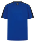 A plain blue T-shirt with short sleeves, black stripes on the shoulders and sleeves, a round collar, and a small F+H logo on the neckline label, displayed on a white background.