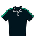 Polos: Short-sleeve, collared dark blue polo shirt featuring green stripes on shoulders and sleeves, three white buttons, and white trim on the collar.