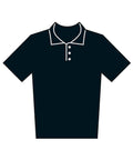 Minimalist illustration of Polo shirts, featuring a dark short-sleeved polo shirt with a collar, three buttons, and white outline accents, displayed on a plain white background.
