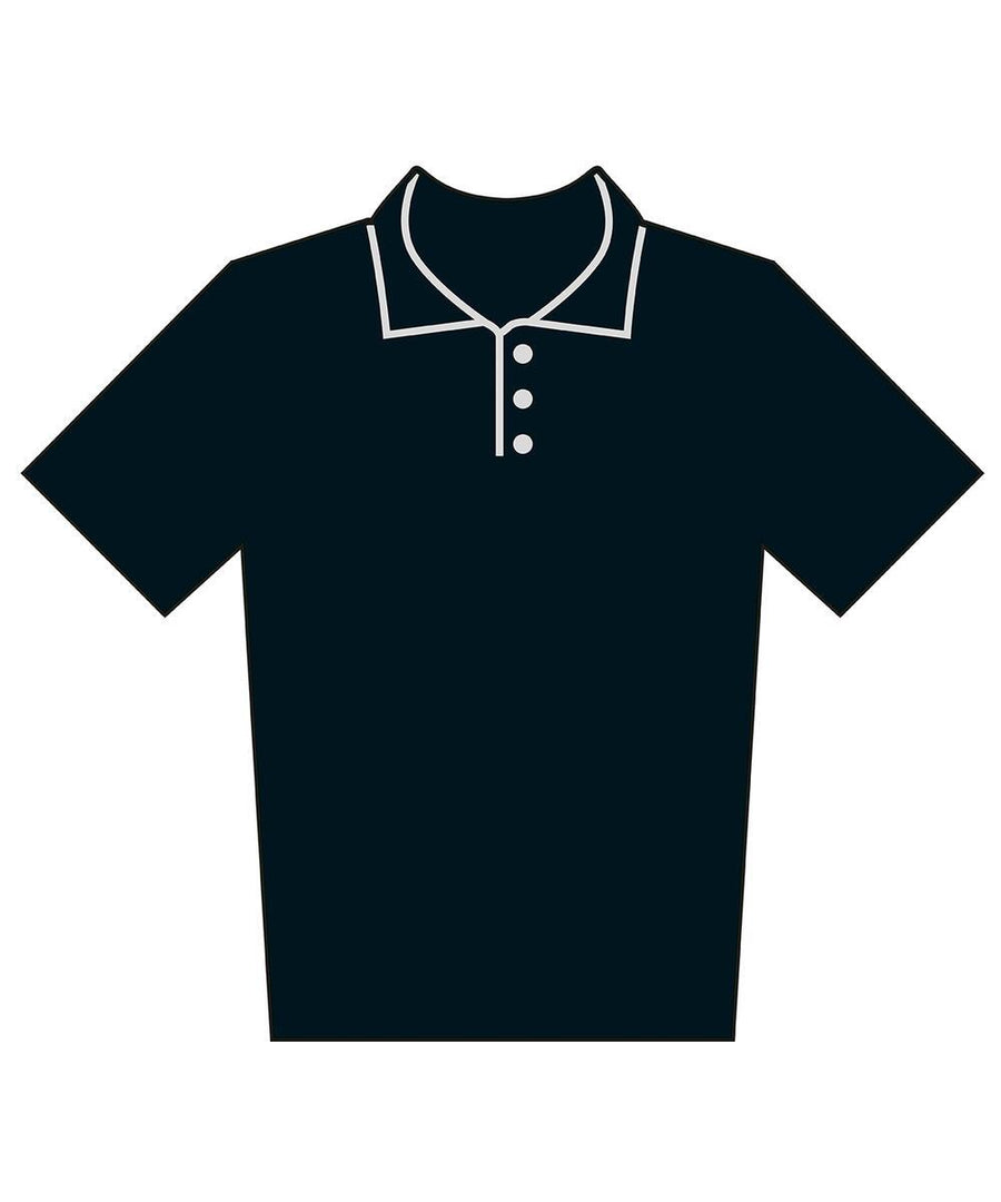 Minimalist illustration of Polo shirts, featuring a dark short-sleeved polo shirt with a collar, three buttons, and white outline accents, displayed on a plain white background.