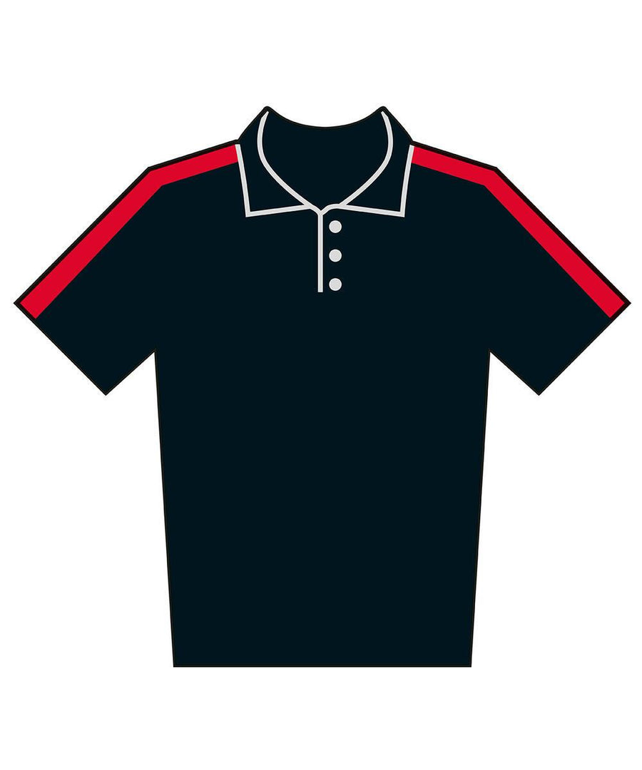 The Polos is a black, short-sleeved polo shirt featuring a collar, three buttons, and red stripes extending from the shoulders along the top of each sleeve.