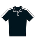 Illustration of the Polo shirt: a solid black, short-sleeved polo with a collar, white trim on shoulders, collar, and placket. Features three buttons and a clean design with no visible logos or extra designs.
