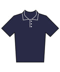 A flat illustration of a navy blue short-sleeve polo shirt with a collar and three white buttons, outlined in white and black, displayed on a plain white background.