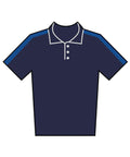Polos: A short-sleeved, navy blue polo shirt featuring a collar, three white buttons, and blue stripes along the shoulder tops and sleeves.