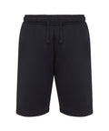 The shorts are black, knee-length, crafted from soft fabric, and feature an elasticated waistband with a drawstring. Displayed against a plain white background.