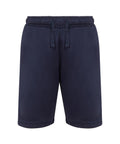Navy blue shorts with an elasticated waistband and drawcord, featuring a simple, logo-free design that ends just above the knee. Shown on a white background.