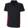 Finden & Hales LV310: A black polo shirt featuring red side panels and piping along the sleeves and shoulders.