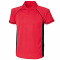 The LV310 by Finden & Hales is a red polo shirt featuring black side panels and short sleeves.