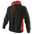Finden & Hales LV335 hoodie in black and red, featuring a front pocket and drawstrings, showcased against a plain white background.