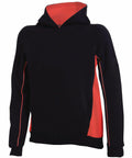 The LV339 by Finden & Hales is a black hoodie featuring a red interior and side panels, complete with long sleeves and a front pocket.