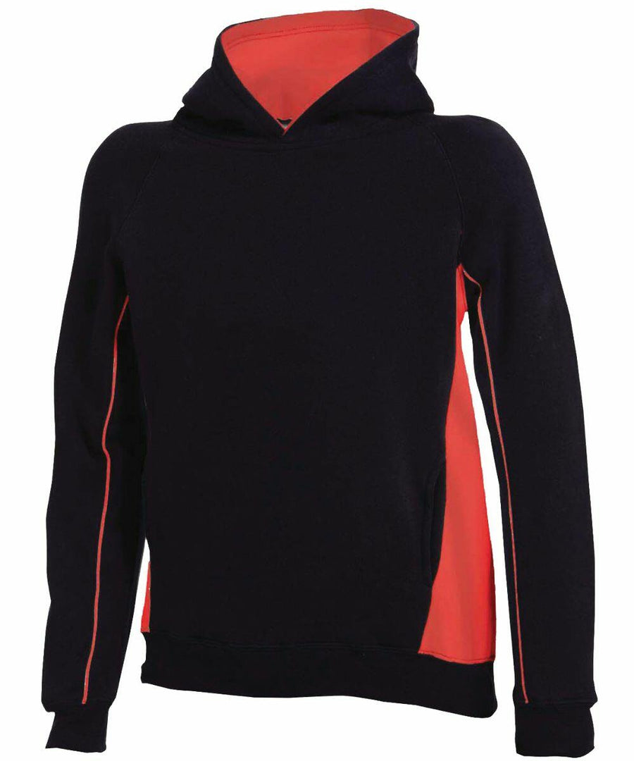 The LV339 by Finden & Hales is a black hoodie featuring a red interior and side panels, complete with long sleeves and a front pocket.