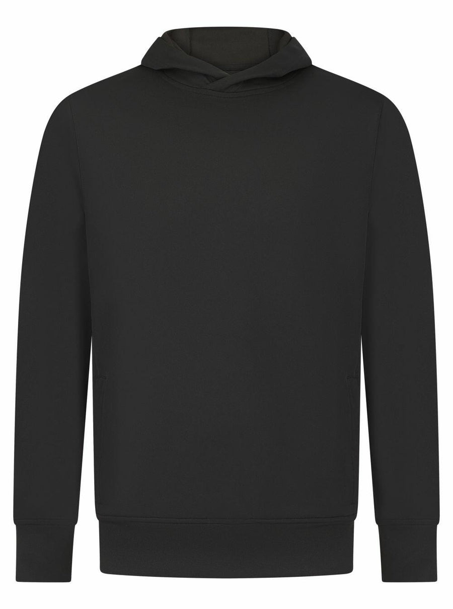 The LV341 hoodie by Finden & Hales is a plain black garment featuring a front pocket and a hood, shown against a white background. The image displays the front view of the hoodie, emphasizing its simple and casual design.