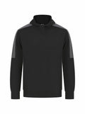 The LV341 hoodie from Finden & Hales features black long sleeves, gray shoulder accents, and a high neck collar, all showcased on a white background.