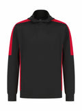 Finden & Hales' LV341 showcases a black pullover hoodie featuring red accents on the shoulders and sides, set against a white background.