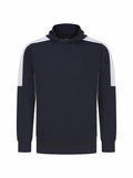 Introducing the LV341 by Finden & Hales, a black hoodie with a high collar and long sleeves. This stylish piece features white panels on the shoulders and upper arms, showcasing a simple, modern design.