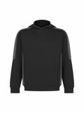 The Finden & Hales LV342 black hooded sweatshirt, featuring gray accents on the shoulders and sleeves, is displayed against a white background.