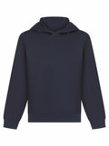 A Finden & Hales LV342 dark blue long-sleeved hoodie, featuring a front pocket and a drawstring hood, displayed on a white background.