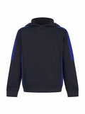 The LV342 by Finden & Hales is a black hoodie featuring royal blue accents on the shoulders and arms, displayed against a white background. It includes long sleeves and a front pocket.