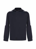 The LV342 by Finden & Hales is a black hoodie designed with long sleeves and a relaxed fit. It showcases white stripes along each sleeve, offering a sporty touch to its comfortable and casual style.