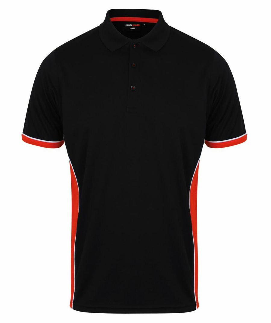 Finden & Hales LV355 polo shirt featuring a collar and buttons, complemented by red side panels with white trim.