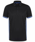 A Finden & Hales LV355 black polo shirt featuring blue and white trim on the sleeves and sides.
