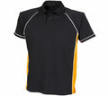 Finden & Hales LV370 black polo shirt, featuring yellow side panels, white piping, and a buttoned collar.