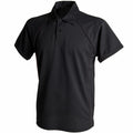 Finden & Hales LV370 black short-sleeve polo shirt with a collar and three buttons, showcased against a white background.