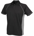 Finden & Hales LV370 black polo shirt with gray side panels and white piping on the sleeves, featuring a two-button collar.