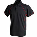 The Finden & Hales LV370 is a black polo shirt with a collar and short sleeves, featuring red piping along the seams and edges. It is displayed on a white background.