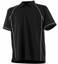 The LV370 from Finden & Hales is a black polo shirt featuring white piping along the seams and sleeves. It includes a classic collar and a button-up placket, all set against a plain white background for display.