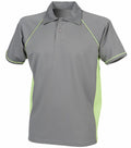 The LV370 by Finden & Hales is a grey polo shirt with a collar and short sleeves, featuring light green accents on the sides and piping on the sleeves. The shirt includes a single button at the top.
