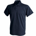 The LV370 polo shirt by Finden & Hales is displayed against a white background. This plain black shirt features short sleeves, a collar, and a buttoned neckline. Its smooth texture makes it suitable for casual or semi-formal wear.